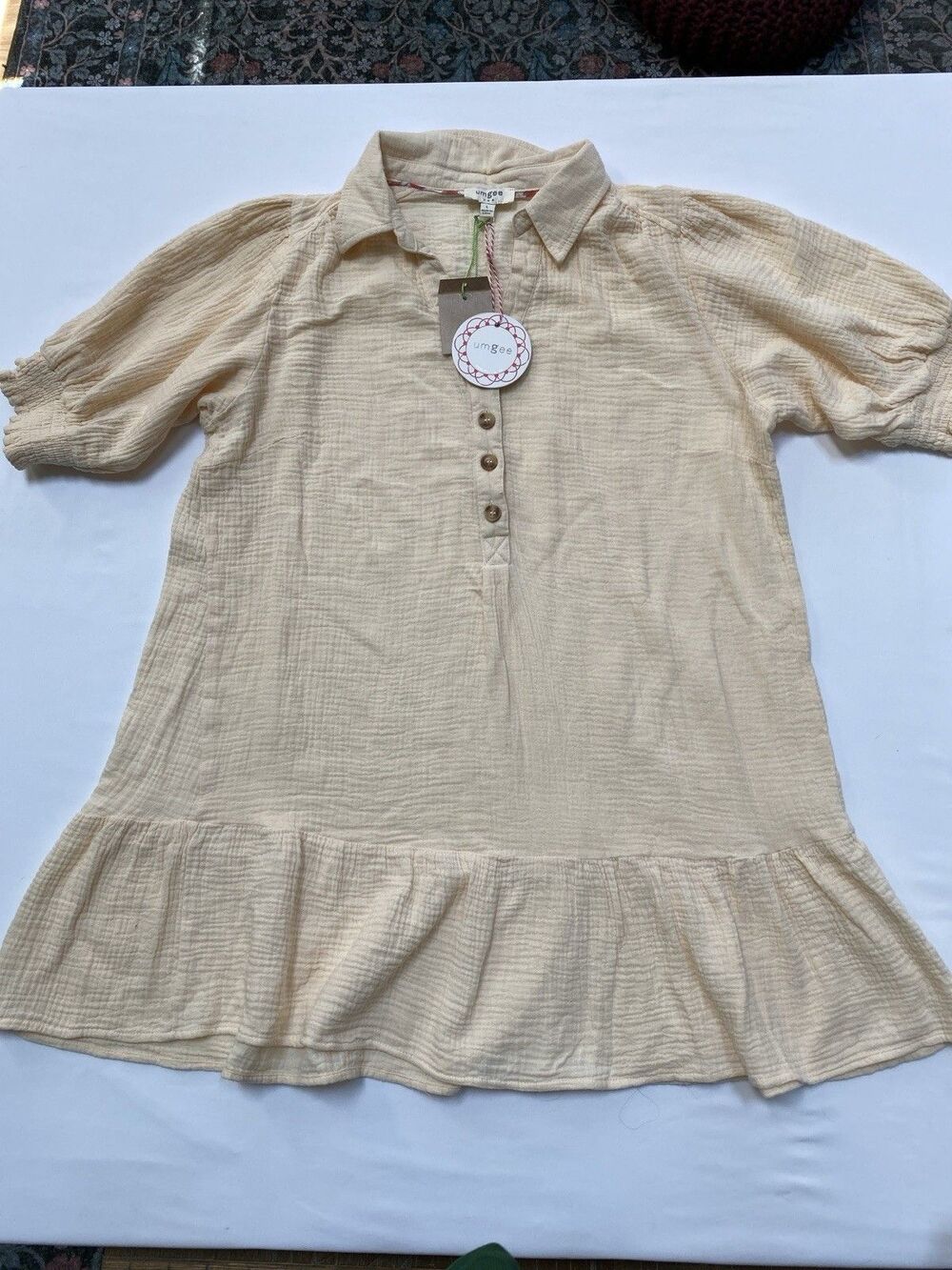 Umgee Womens Large Gauze Tunic Dress Beige Boho Tiered Short Sleeve Shift